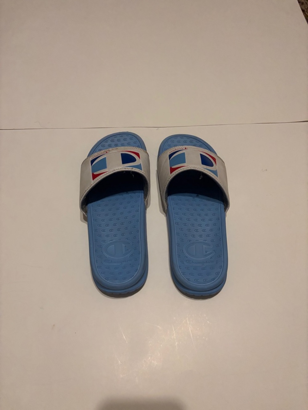 Champion Blue Slide Sandals with White Strap and Red Accent